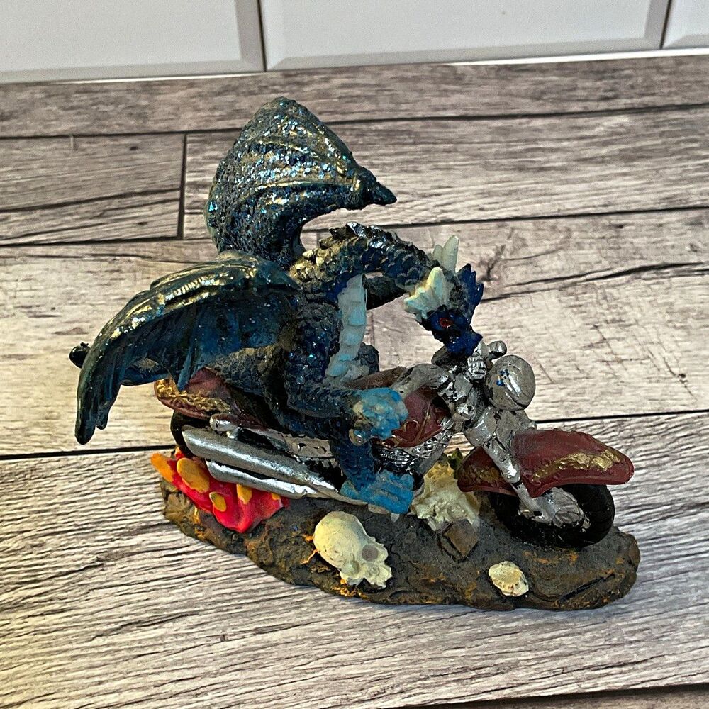Blue Dragon Riding Motorcycle Figurine Statue Fantasy Dragon Collectible